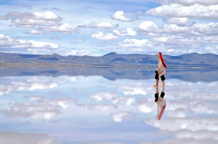 Walking across water, lost in the clouds at the Uyuni Salts in Southern Boliva