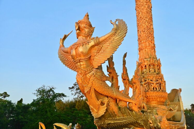 Ubon Ratchathani, Thailand- October 21, 2022: Replica Candle Sculpture of Garuda at Thung Si Mueang Park