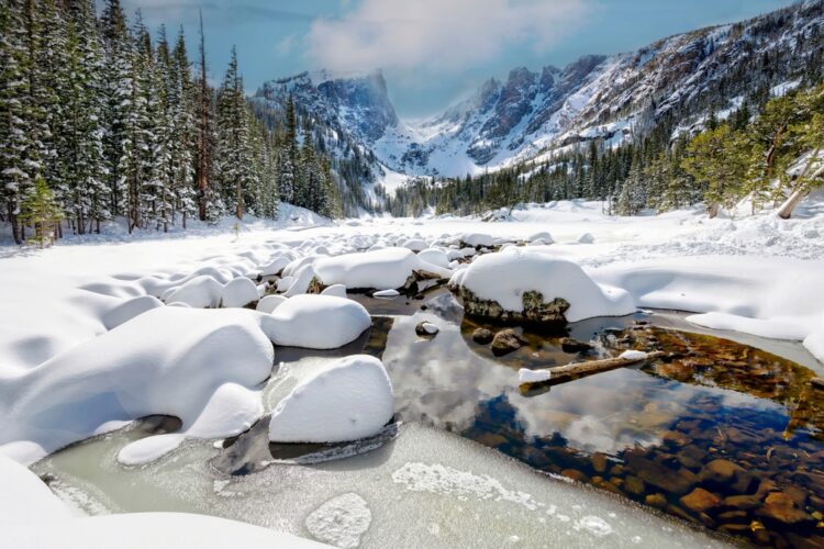 View of Dream Lake frozen during winter at Rocky Mountain National Park near Estes Park