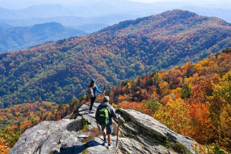 Alt-text: "Two hikers enjoying a scenic autumn adventure atop a mountain with a breathtaking view of a vibrant, colorful forest canopy in the Appalachian mountains, showcasing the serene beauty of fall foliage for nature enthusiasts and travel adventurers alike."