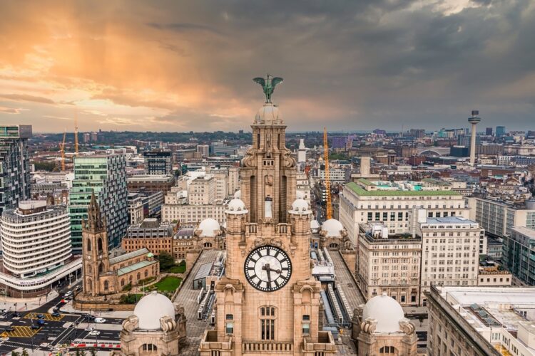 Aerial close up of the tower of the Royal Liver Building
