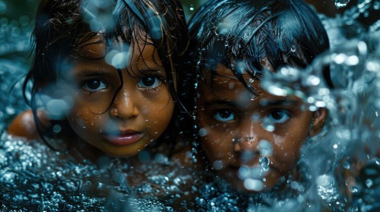 two indigenous children in a pool of water staring at the camera
