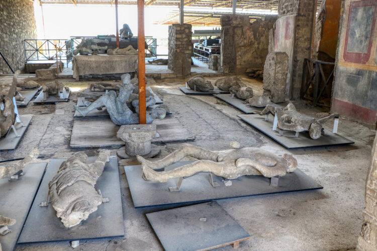 Archaeological Park of Pompeii. Plaster casts of the bodies of men from Pompeii, buried in ash during the eruption of the volcano Vesuvius