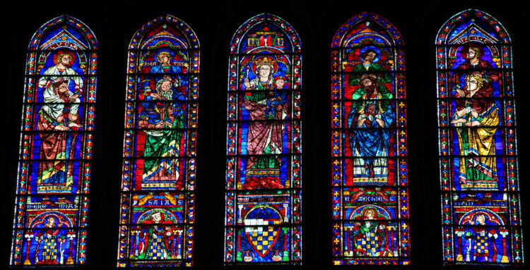 Stained Glass with Mother Mary, the Four Evangelists and Four Prophets in the Cathedral of Our Lady of Chartres, France