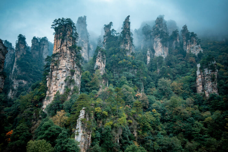 Mountain landscape of Zhangjiajie, a national park in China known for its surreal scenery of rock formations.