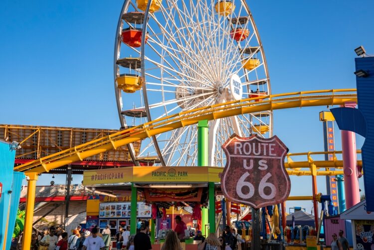 Santa Monica pier with Route 66 sign