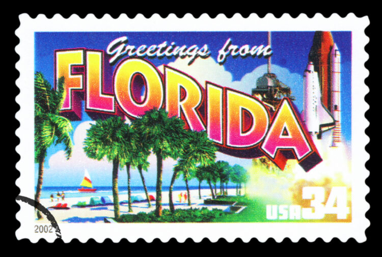 a postage stamp printed in USA showing an image of the Florida state,