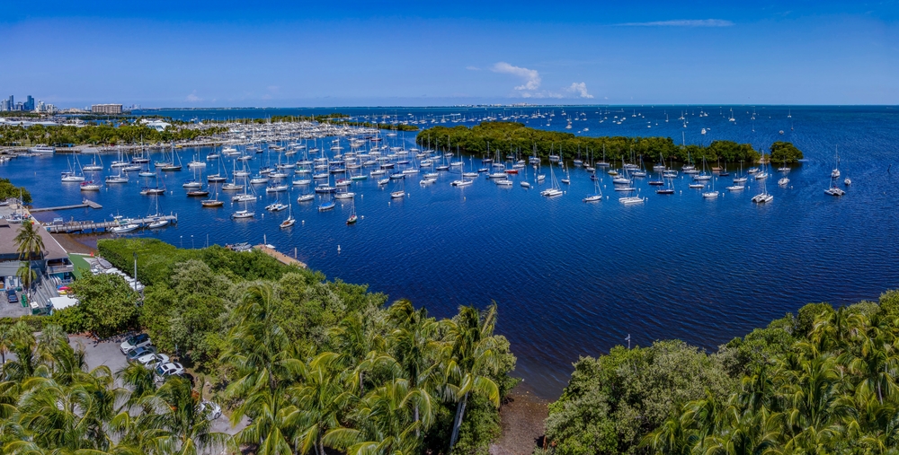 Aerial view of Coconut Grove Sailing Club at Dinner Key Marina in Miami