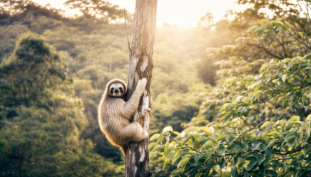 sloth hanging from a tree branch