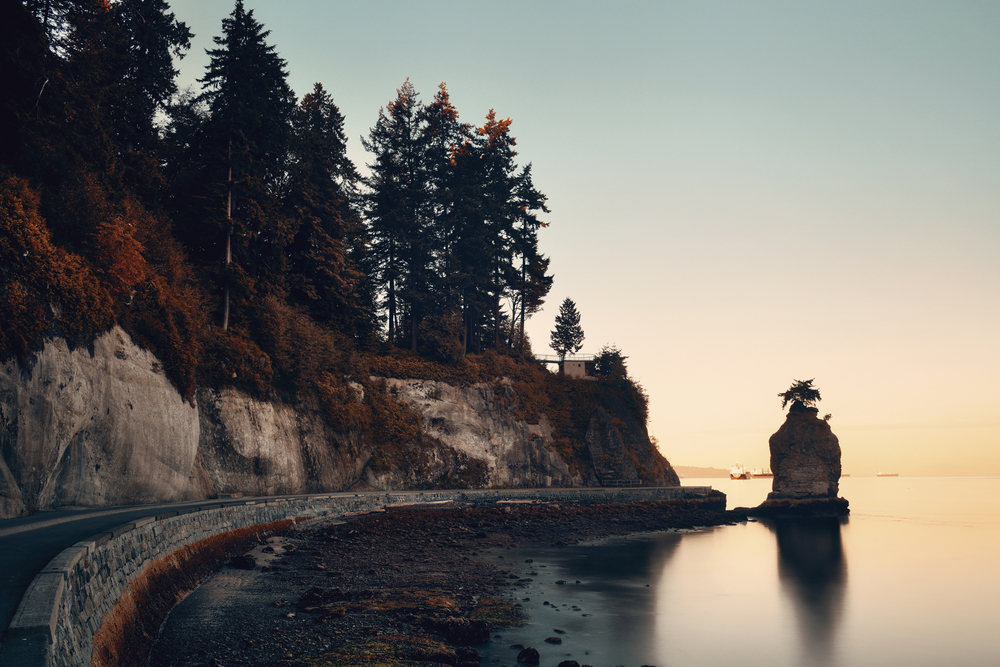 Siwash Rock in Stanley Park at sunrise in Vancouver