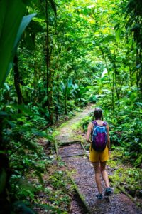 Woman walking through rain forest near San Jose Costa Rico