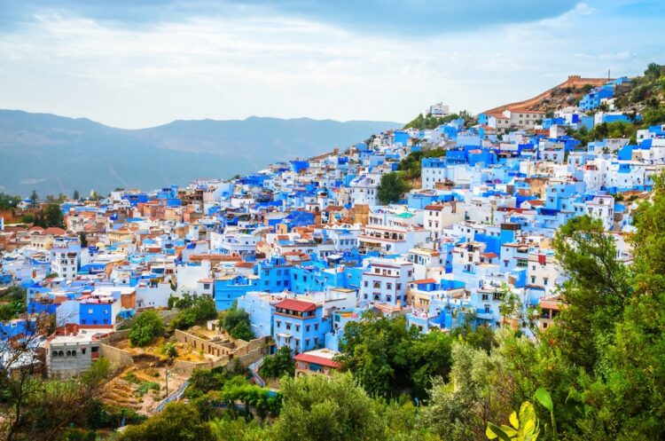 Aerial view of blue medina of city Chefchaouen