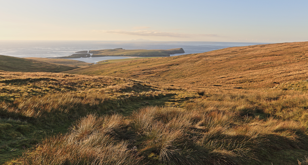 Foula, on the horizon, evening light, from Mainland, Shetland, Scotland