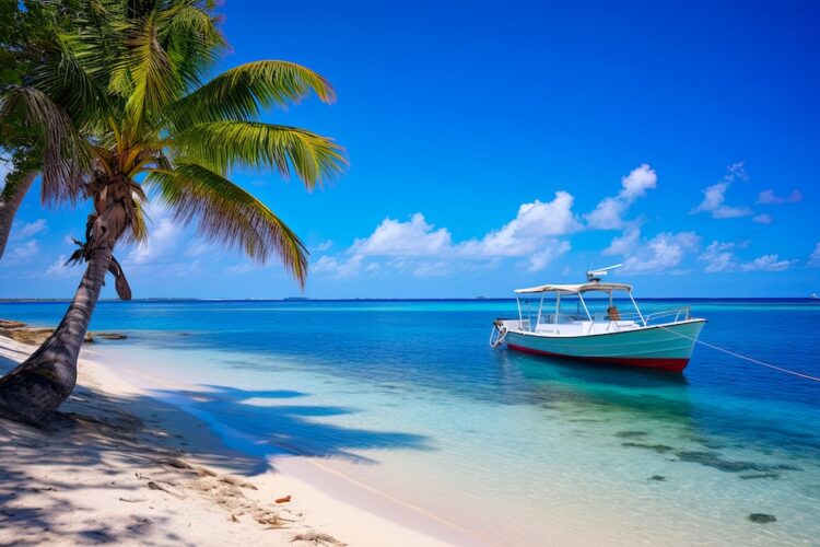 Boats and palm trees on the beach on Little Cayman Island