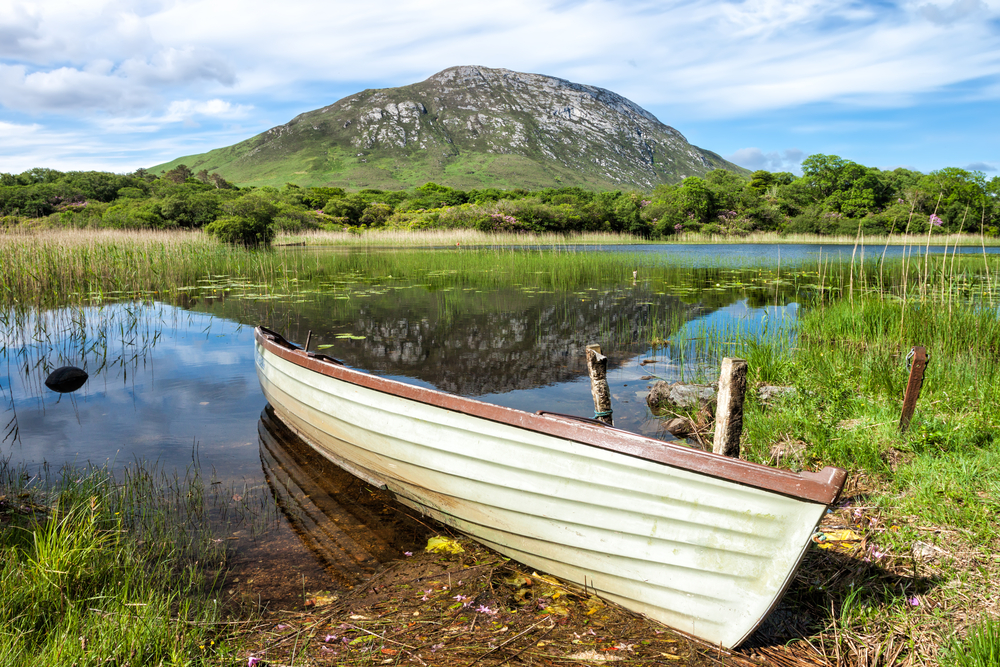 Boat on lake in Connemara National Park in Ireland.