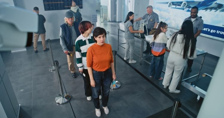 Security Checkpoint in Airport Terminal: Queue of Diverse People, Tourists on TSA Screening Procedures for Plane Flight. Security Officers Checking Passengers.