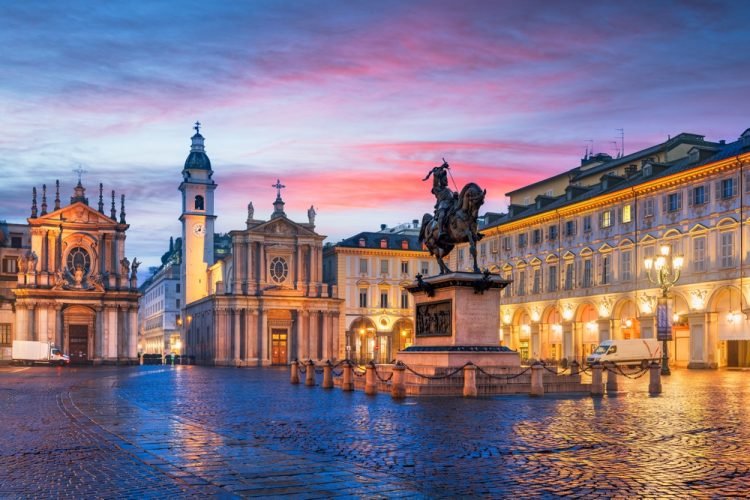 Turin, Italy at Piazza San Carlo during twilight.