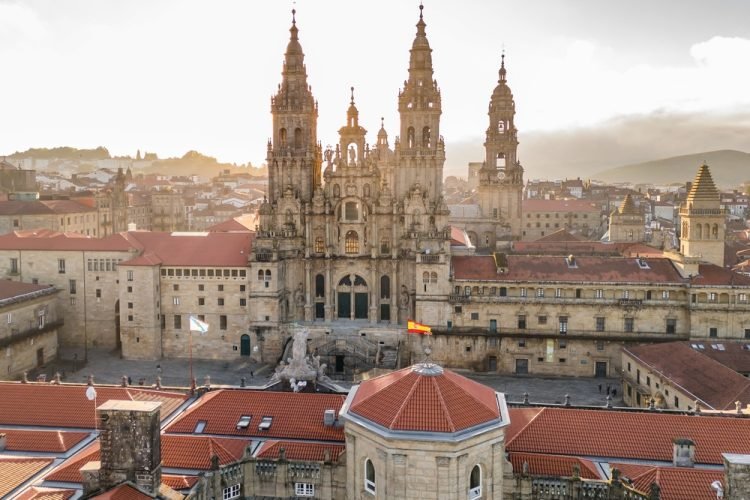 Cathedral of Santiago de Compostela at sunrise in Galicia, Northern Spain.