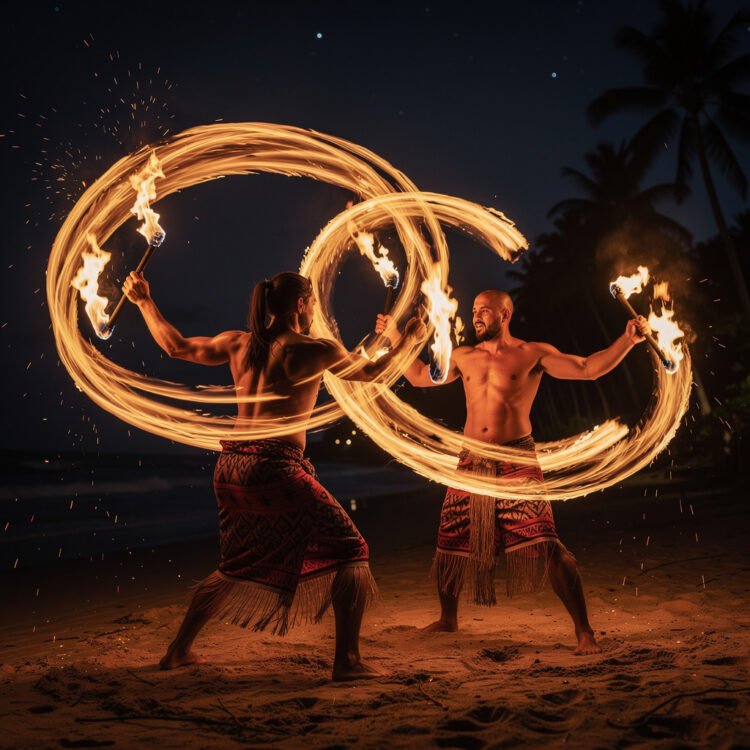 Two male Ahi Lele fire dancers with the torches leaving trails as the dancers spin their fires working together