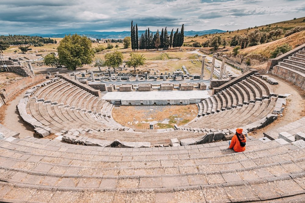The ancient Asklepion Theatre in Pergamon, a UNESCO World Heritage site, showing its well preserved stage and seating area