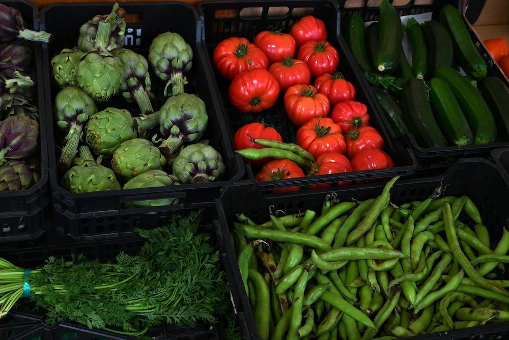 Vegetable stall at the Claustre del Carme market in Port Mahon on the island of Menorca