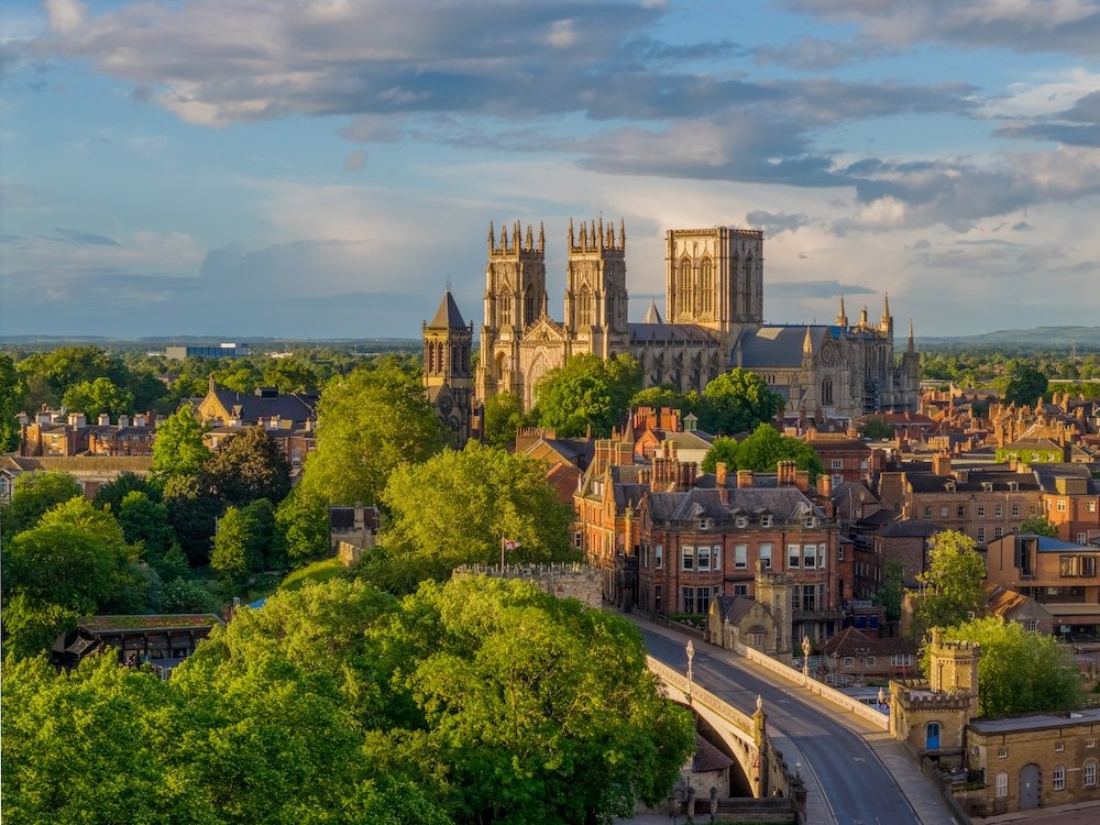 York city centre and York Minster in North Yorkshire, England, viewed across the historic skyline