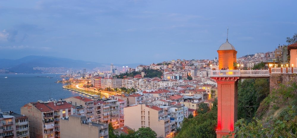 Izmir with Historic Elevator at Dusk