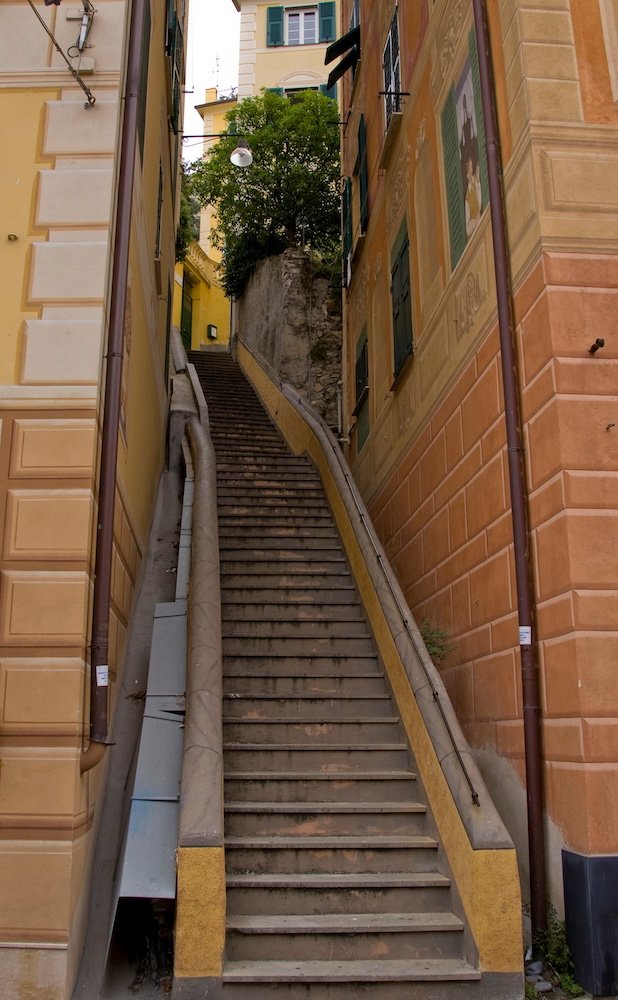 Camogli. View of steep steps in the town.