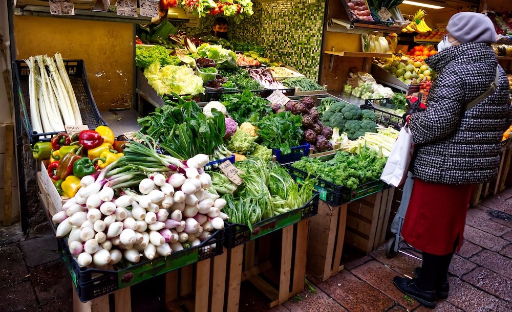 Famous street market "Il Quadrilatero" located in the center of Bologna