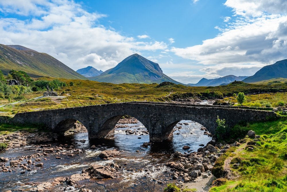 Sligachan Old Bridge with a view of the Black Cuillin mountains