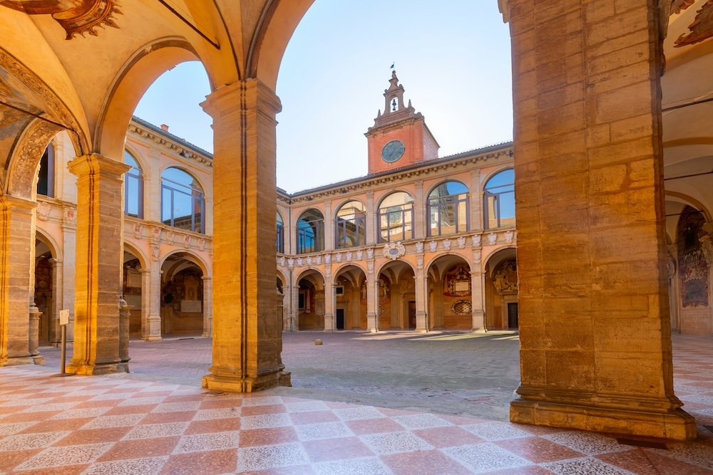 Inner yard of Archiginnasio of Bologna that houses now Municipal Library and the famous Anatomical Theatre