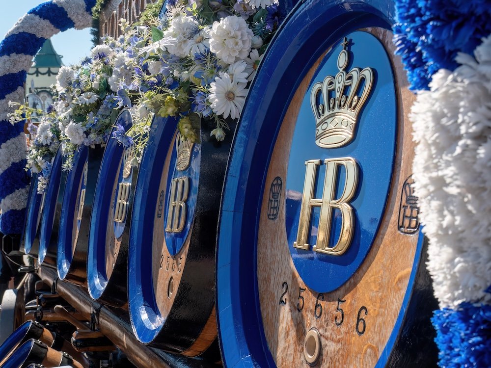 Hofbräu beer kegs in front of Hofbräu beer tent at Oktoberfest in Munich
