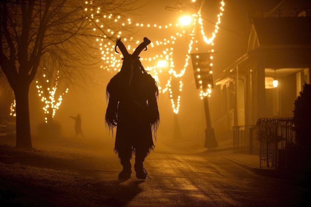 Silhouette of Krampus against Christmas lights