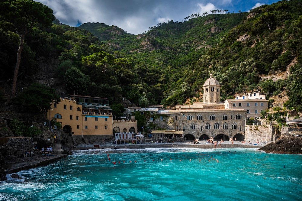 Ancient abbey of San Fruttuoso, bay and historic building guarded by the FAI. Italian Environmental Fund.