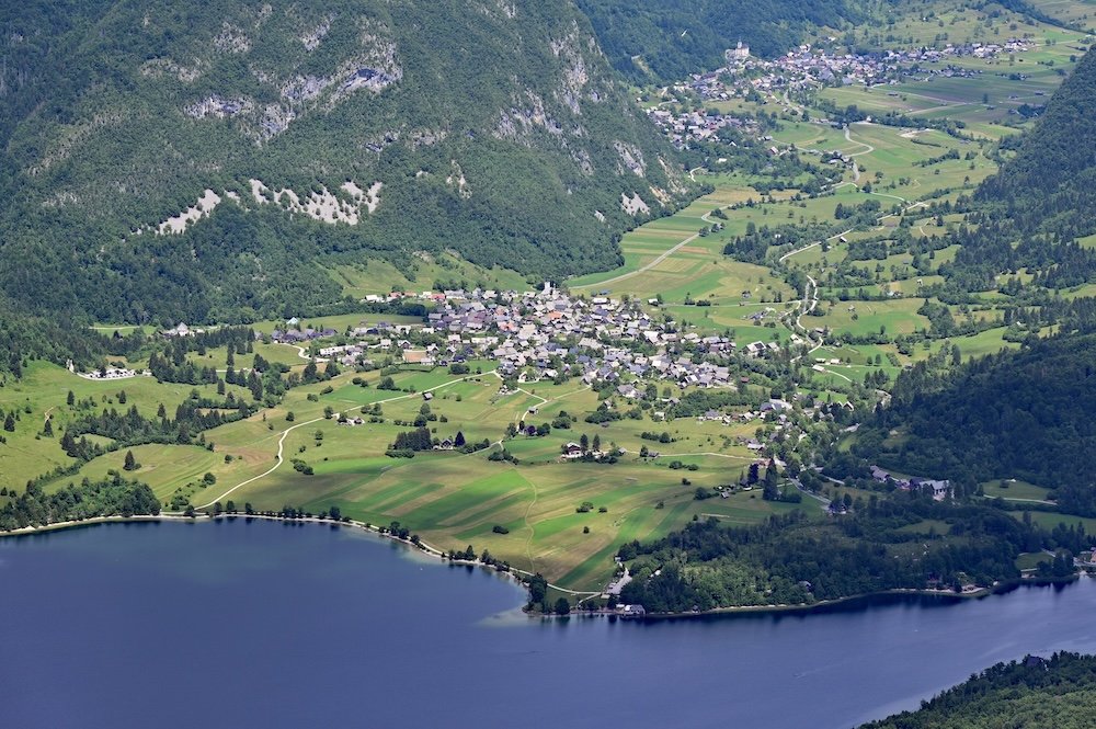 Lake Bohinj and settlements of Stara Fuzina and Studor v Bohinju